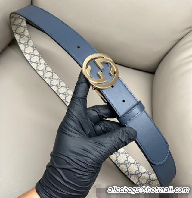 Low Cost Gucci GG Canvas and Leather Reversible Belt 3.7cm with Gold-Tone Interlocking G Buckle GG010903 Blue/Beige/Blue