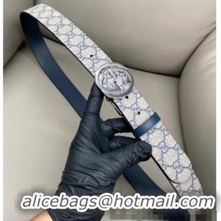 Well Crafted Gucci GG Canvas and Leather Reversible Belt 3.7cm with Silver-Tone Interlocking G Buckle GG010903 Blue/Beig