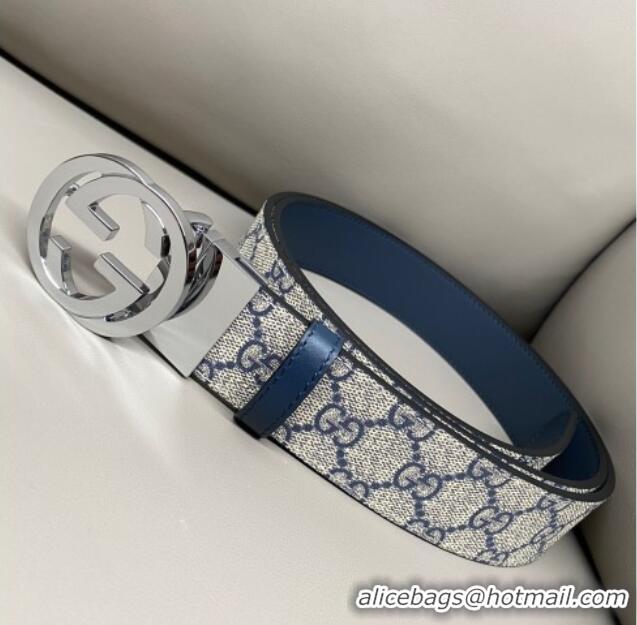 Well Crafted Gucci GG Canvas and Leather Reversible Belt 3.7cm with Silver-Tone Interlocking G Buckle GG010903 Blue/Beig