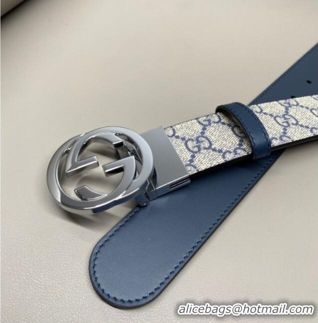 Well Crafted Gucci GG Canvas and Leather Reversible Belt 3.7cm with Silver-Tone Interlocking G Buckle GG010903 Blue/Beig