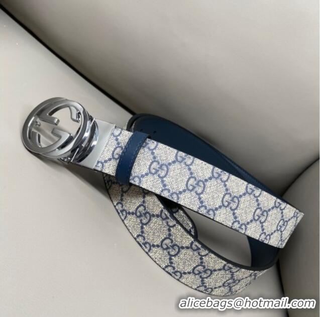 Well Crafted Gucci GG Canvas and Leather Reversible Belt 3.7cm with Silver-Tone Interlocking G Buckle GG010903 Blue/Beig