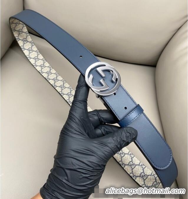 Well Crafted Gucci GG Canvas and Leather Reversible Belt 3.7cm with Silver-Tone Interlocking G Buckle GG010903 Blue/Beig