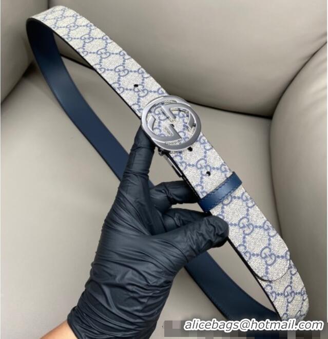 Well Crafted Gucci GG Canvas and Leather Reversible Belt 3.7cm with Silver-Tone Interlocking G Buckle GG010903 Blue/Beig