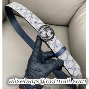 Grade Quality Gucci GG Canvas and Leather Reversible Belt 3.7cm with Gunmetal Interlocking G Buckle GG010903 Blue/Beige/