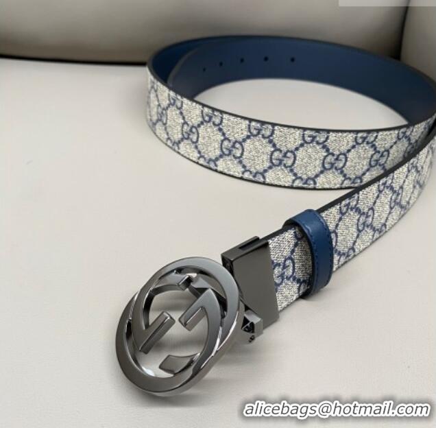 Grade Quality Gucci GG Canvas and Leather Reversible Belt 3.7cm with Gunmetal Interlocking G Buckle GG010903 Blue/Beige/