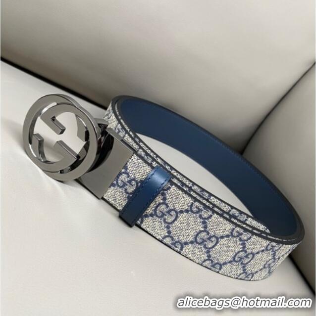 Grade Quality Gucci GG Canvas and Leather Reversible Belt 3.7cm with Gunmetal Interlocking G Buckle GG010903 Blue/Beige/