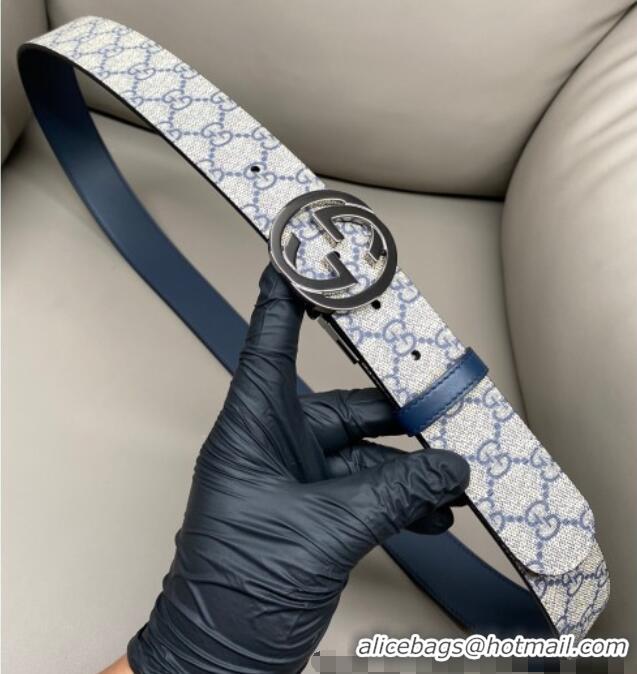 Grade Quality Gucci GG Canvas and Leather Reversible Belt 3.7cm with Gunmetal Interlocking G Buckle GG010903 Blue/Beige/