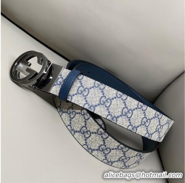 Grade Quality Gucci GG Canvas and Leather Reversible Belt 3.7cm with Gunmetal Interlocking G Buckle GG010903 Blue/Beige/