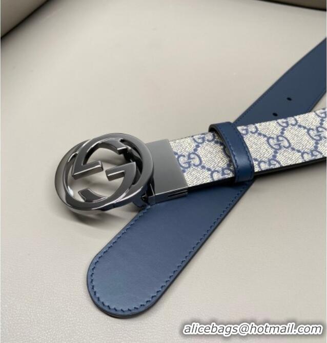 Grade Quality Gucci GG Canvas and Leather Reversible Belt 3.7cm with Gunmetal Interlocking G Buckle GG010903 Blue/Beige/