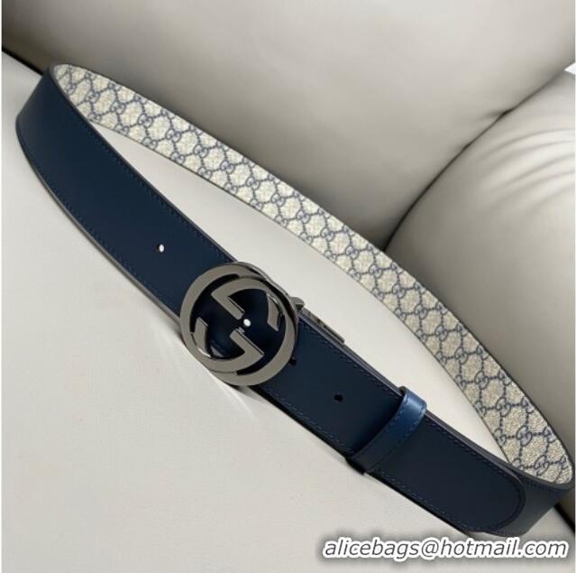 Grade Quality Gucci GG Canvas and Leather Reversible Belt 3.7cm with Gunmetal Interlocking G Buckle GG010903 Blue/Beige/