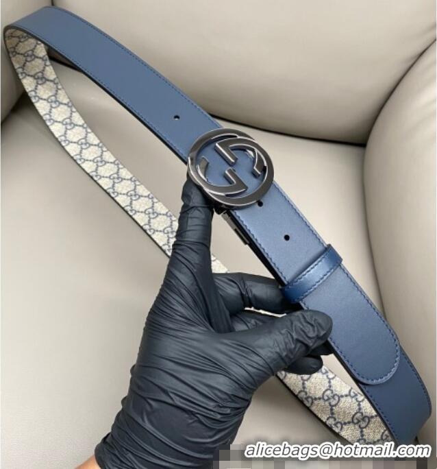 Grade Quality Gucci GG Canvas and Leather Reversible Belt 3.7cm with Gunmetal Interlocking G Buckle GG010903 Blue/Beige/