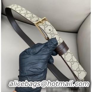 Luxury Cheap Gucci GG Canvas and Leather Reversible Belt 3cm with Pink Buckle GG011001 Brown 2025