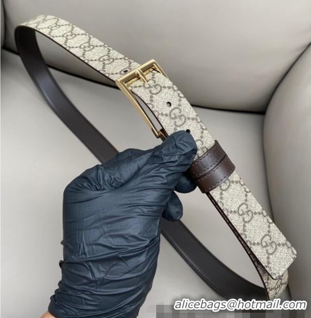 Luxury Cheap Gucci GG Canvas and Leather Reversible Belt 3cm with Pink Buckle GG011001 Brown 2025