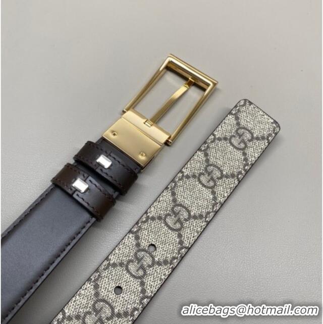 Luxury Cheap Gucci GG Canvas and Leather Reversible Belt 3cm with Pink Buckle GG011001 Brown 2025