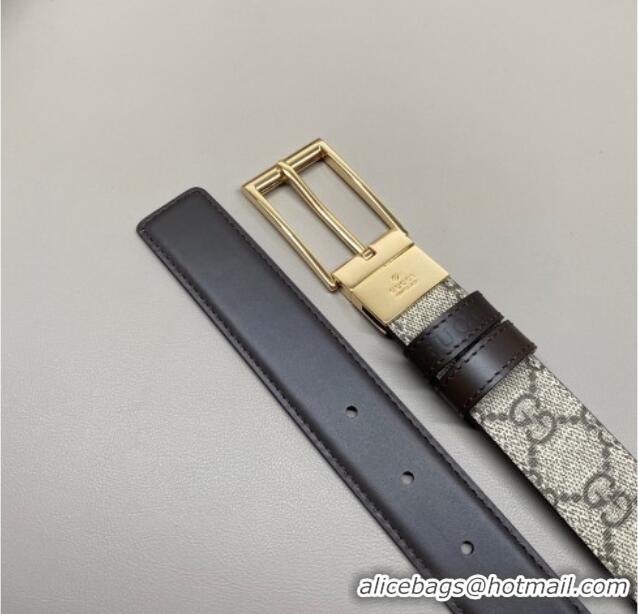 Luxury Cheap Gucci GG Canvas and Leather Reversible Belt 3cm with Pink Buckle GG011001 Brown 2025