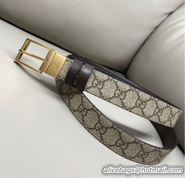 Luxury Cheap Gucci GG Canvas and Leather Reversible Belt 3cm with Pink Buckle GG011001 Brown 2025