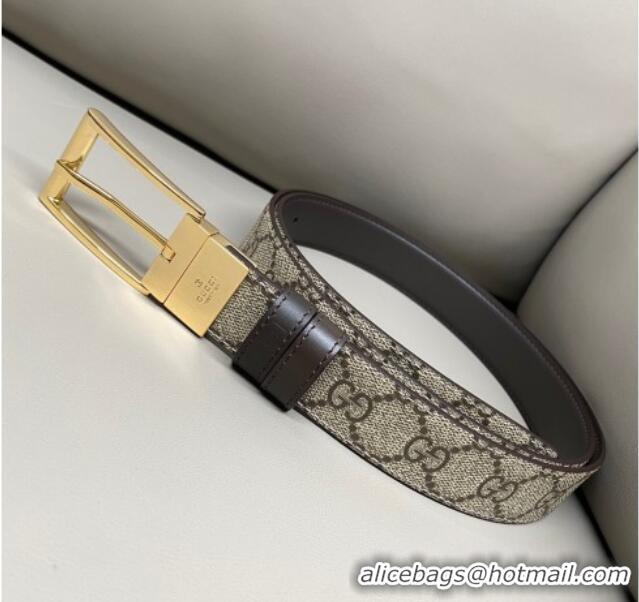 Luxury Cheap Gucci GG Canvas and Leather Reversible Belt 3cm with Pink Buckle GG011001 Brown 2025