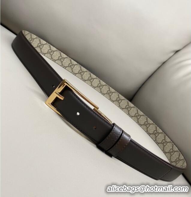 Luxury Cheap Gucci GG Canvas and Leather Reversible Belt 3cm with Pink Buckle GG011001 Brown 2025