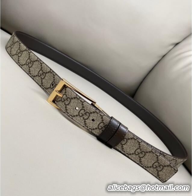 Luxury Cheap Gucci GG Canvas and Leather Reversible Belt 3cm with Pink Buckle GG011001 Brown 2025