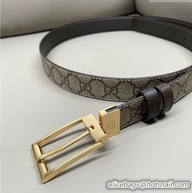 Luxury Cheap Gucci GG Canvas and Leather Reversible Belt 3cm with Pink Buckle GG011001 Brown 2025