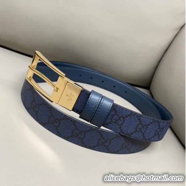 Top Grade Gucci GG Canvas and Leather Reversible Belt 3cm with Pink Buckle GG011001 Blue 2025