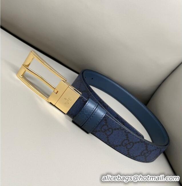 Top Grade Gucci GG Canvas and Leather Reversible Belt 3cm with Pink Buckle GG011001 Blue 2025