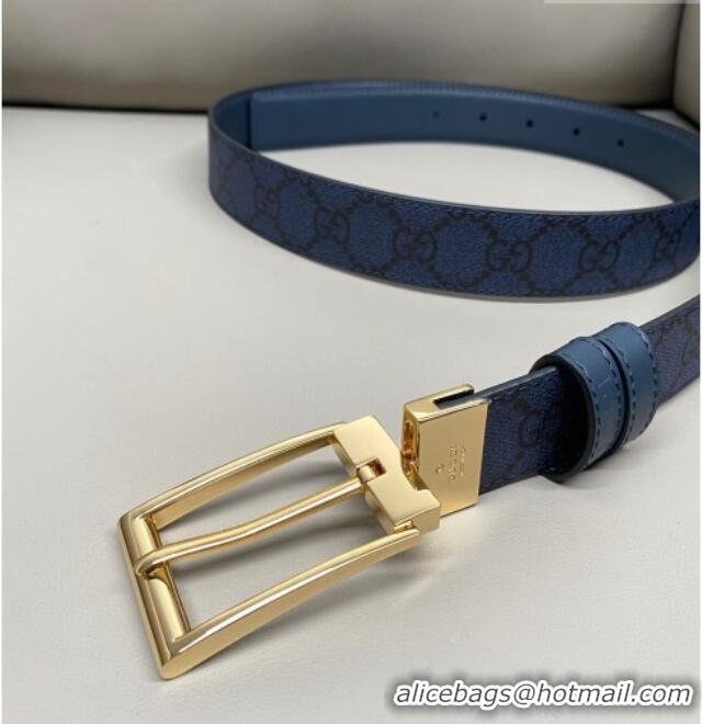 Top Grade Gucci GG Canvas and Leather Reversible Belt 3cm with Pink Buckle GG011001 Blue 2025