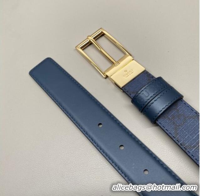 Top Grade Gucci GG Canvas and Leather Reversible Belt 3cm with Pink Buckle GG011001 Blue 2025