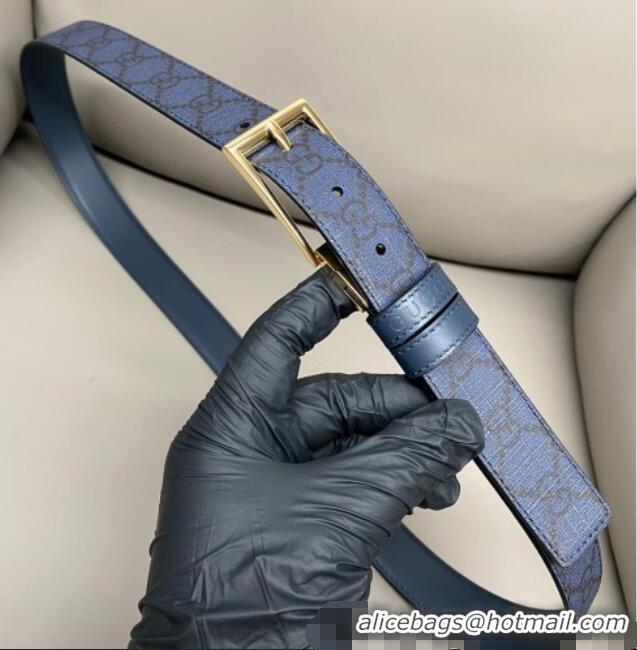 Top Grade Gucci GG Canvas and Leather Reversible Belt 3cm with Pink Buckle GG011001 Blue 2025