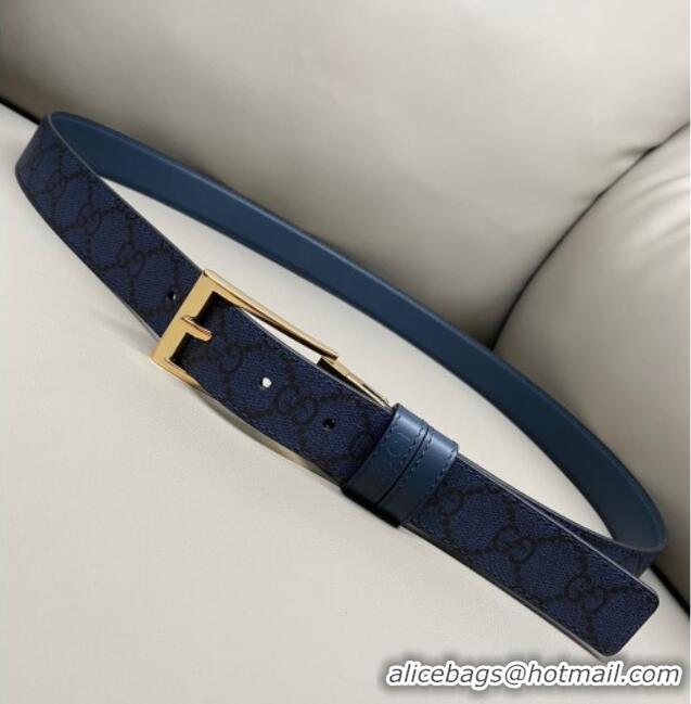 Top Grade Gucci GG Canvas and Leather Reversible Belt 3cm with Pink Buckle GG011001 Blue 2025