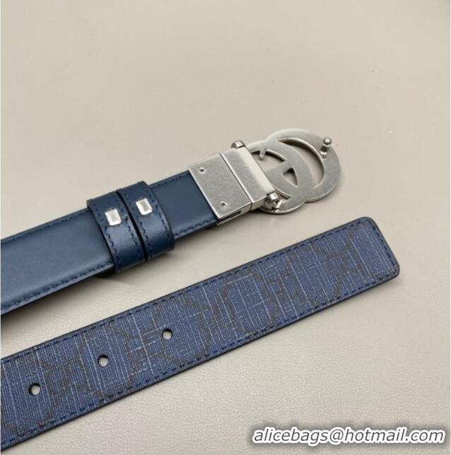 Best Quality Gucci GG Canvas and Leather Reversible Belt 3cm with GG Buckle GG011001 Blue 2025