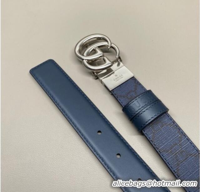 Best Quality Gucci GG Canvas and Leather Reversible Belt 3cm with GG Buckle GG011001 Blue 2025