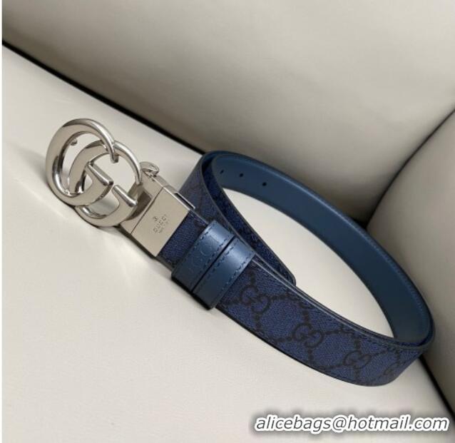 Best Quality Gucci GG Canvas and Leather Reversible Belt 3cm with GG Buckle GG011001 Blue 2025
