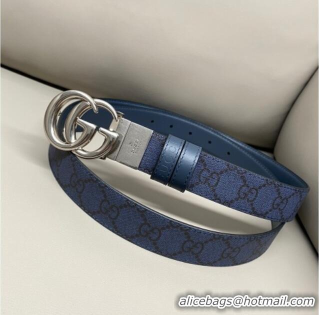 Best Quality Gucci GG Canvas and Leather Reversible Belt 3cm with GG Buckle GG011001 Blue 2025