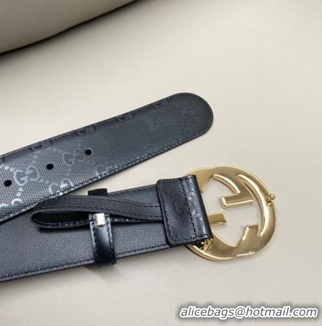 Super Quality Gucci Maxi GG Supreme Leather Belt 4cm with Gold Interlocking G Buckle GG011002 Black 2025