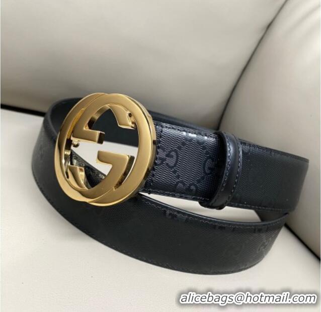Super Quality Gucci Maxi GG Supreme Leather Belt 4cm with Gold Interlocking G Buckle GG011002 Black 2025