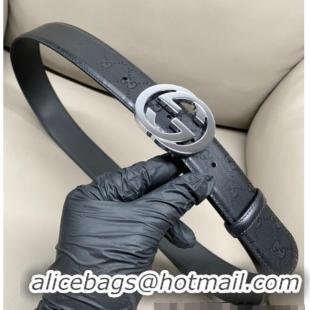 Luxury Cheap Gucci Maxi GG Supreme Leather Belt 4cm with Silver Interlocking G Buckle GG011002 Black 2025