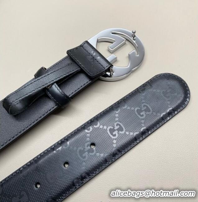 Luxury Cheap Gucci Maxi GG Supreme Leather Belt 4cm with Silver Interlocking G Buckle GG011002 Black 2025