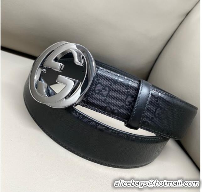 Luxury Cheap Gucci Maxi GG Supreme Leather Belt 4cm with Silver Interlocking G Buckle GG011002 Black 2025