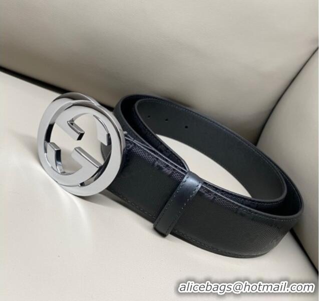 Luxury Cheap Gucci Maxi GG Supreme Leather Belt 4cm with Silver Interlocking G Buckle GG011002 Black 2025