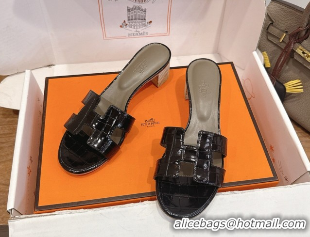 Good Product Hermes Oasis Classic Heel Slides Sandal 4.5cm in Crocodile Embossed Leather Black 0304051