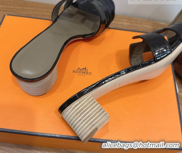 Good Product Hermes Oasis Classic Heel Slides Sandal 4.5cm in Crocodile Embossed Leather Black 0304051