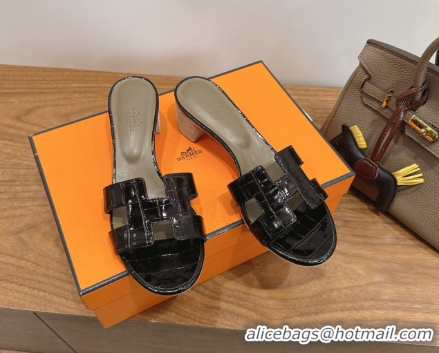 Good Product Hermes Oasis Classic Heel Slides Sandal 4.5cm in Crocodile Embossed Leather Black 0304051