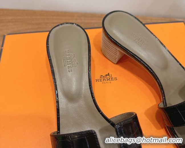 Good Product Hermes Oasis Classic Heel Slides Sandal 4.5cm in Crocodile Embossed Leather Black 0304051