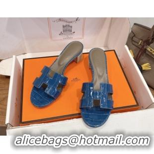 Popular Style Hermes Oasis Classic Heel Slides Sandal 4.5cm in Crocodile Embossed Leather Sky Blue 0304052