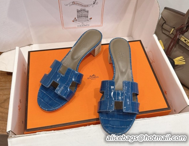 Popular Style Hermes Oasis Classic Heel Slides Sandal 4.5cm in Crocodile Embossed Leather Sky Blue 0304052