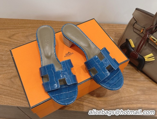 Popular Style Hermes Oasis Classic Heel Slides Sandal 4.5cm in Crocodile Embossed Leather Sky Blue 0304052
