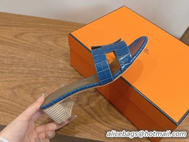 Popular Style Hermes Oasis Classic Heel Slides Sandal 4.5cm in Crocodile Embossed Leather Sky Blue 0304052