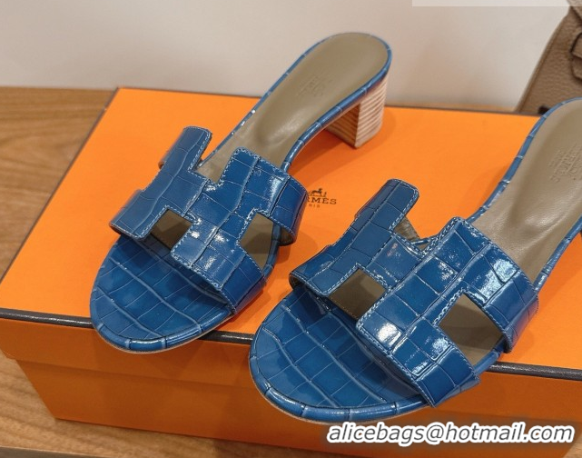 Popular Style Hermes Oasis Classic Heel Slides Sandal 4.5cm in Crocodile Embossed Leather Sky Blue 0304052