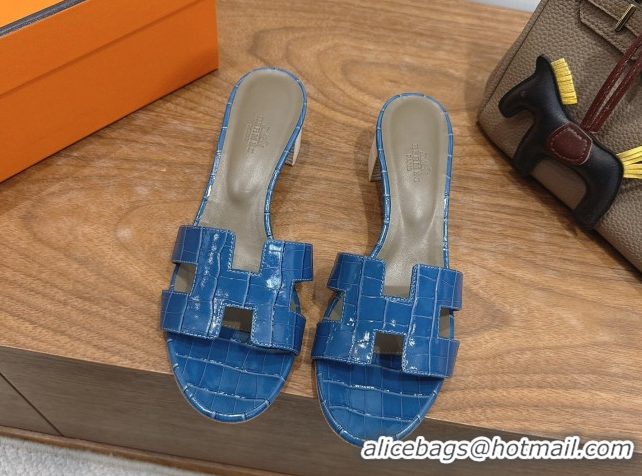 Popular Style Hermes Oasis Classic Heel Slides Sandal 4.5cm in Crocodile Embossed Leather Sky Blue 0304052